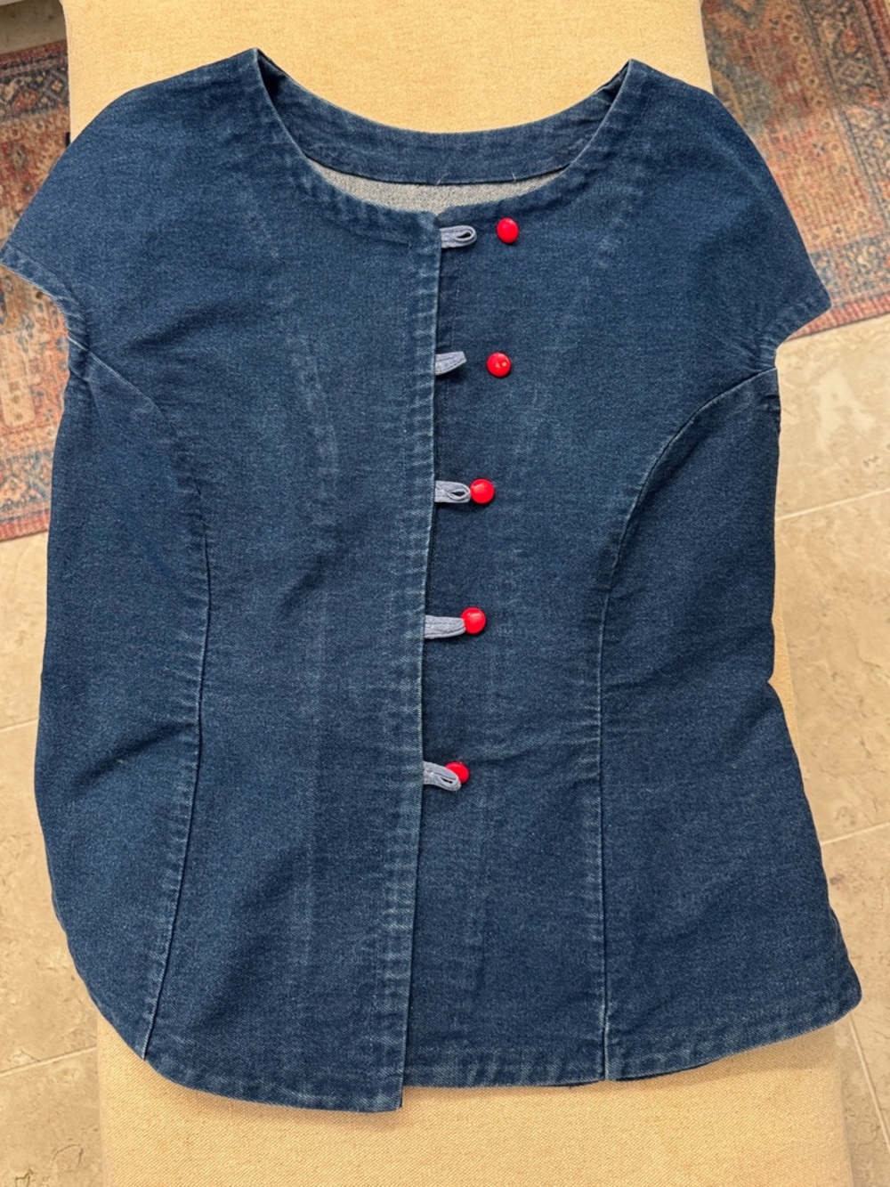 Blue Denim Button Front Top with Red Buttons